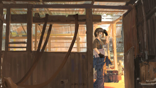 Anime Girl Working in a Rustic Workshop Desktop Wallpaper