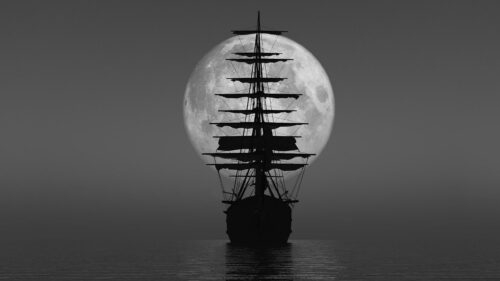 Silhouette of a Tall Ship Against a Full Moon Desktop Wallpaper