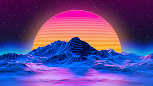 Retro Synthwave Landscape with Glowing Neon Sun 4K Wallpaper