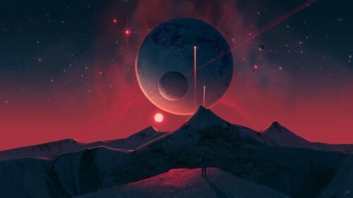 Lonely Astronaut on Alien Planet with Red Galaxy and Giant Moon PC Wallpaper