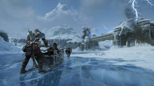 Kratos Riding Sled in God of War Ragnarok Winter Landscape 4K Wallpaper