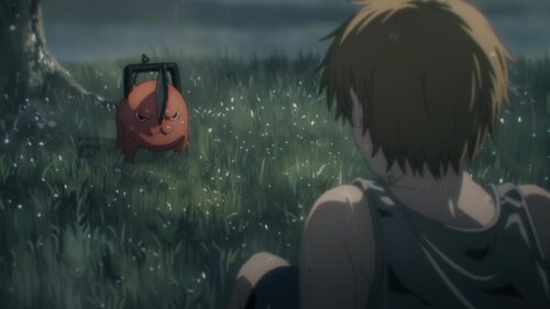 Denji and Pochita in Chainsaw Man Rain Scene 4K Desktop Wallpaper