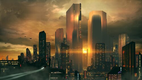 Futuristic Golden Sunset Sci-Fi Megacity Skyline 4K Wallpaper