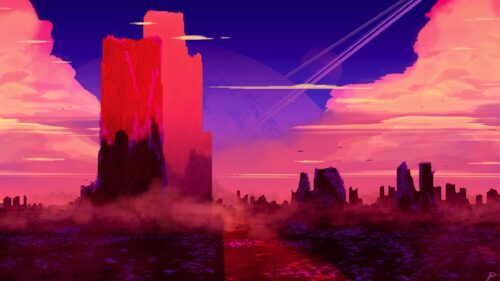 Surreal Alien Landscape with Ringed Planet and Towering Red Cliffs 4K Wallpaper
