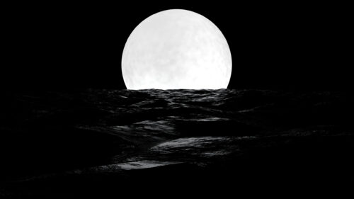 Minimalist Glowing Full Moon over Dark Ocean Waves Desktop Wallpaper