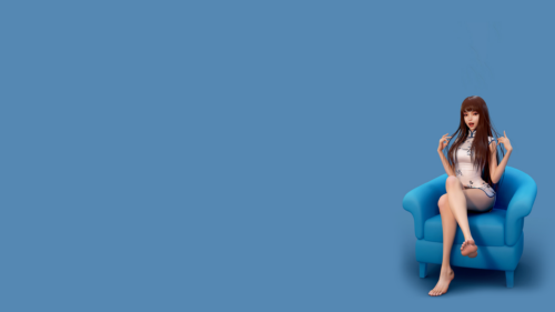 Beautiful Anime Girl Sitting on Blue Armchair Minimalist Desktop Wallpaper