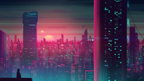 Futuristic Cyberpunk City Skyline at Sunset with Lone Observer 4K Wallpaper