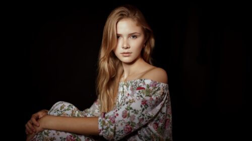 Beautiful Blonde Woman in Floral Dress Portrait Desktop Wallpaper