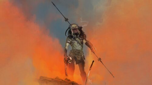 Ferocious Predator Alien Warrior With Spear and Skull 4K Desktop Wallpaper