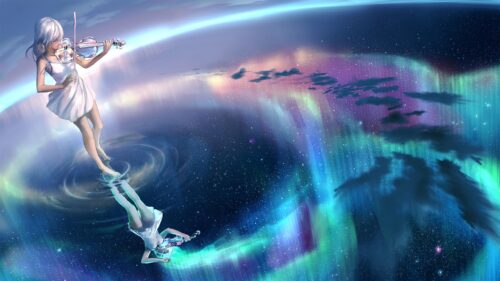 Anime Girl Playing Violin in Cosmic Aurora Galaxy Desktop Wallpaper