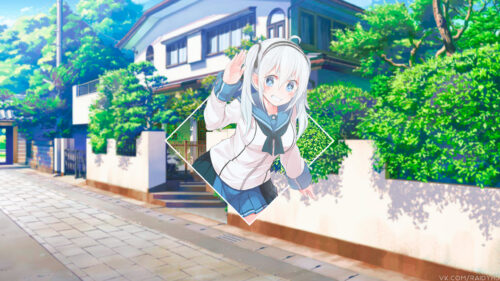 Anime Girl Waving Hello in Residential Street Landscape PC Wallpaper