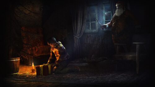 Creepy Santa Horror Scene with Child in Dark Room Desktop Wallpaper