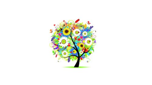 Colorful Artistic Spring Tree with Flowers and Insects Desktop Wallpaper