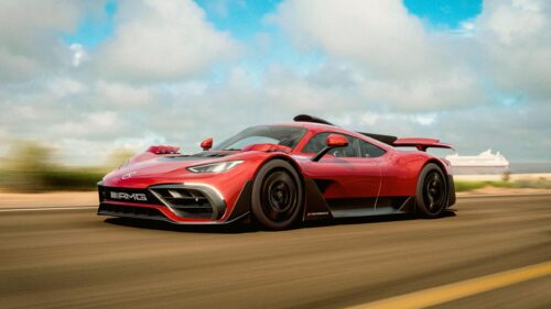 Red Mercedes AMG One Hypercar Driving at High Speed 4K Desktop Wallpaper