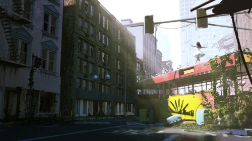 Post Apocalyptic Anime City Girl Standing on Abandoned Bus 4K Wallpaper