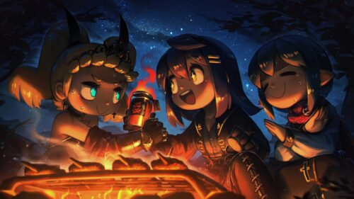 Chibi Anime Characters Camping Under Starry Night Sky 4K Wallpaper