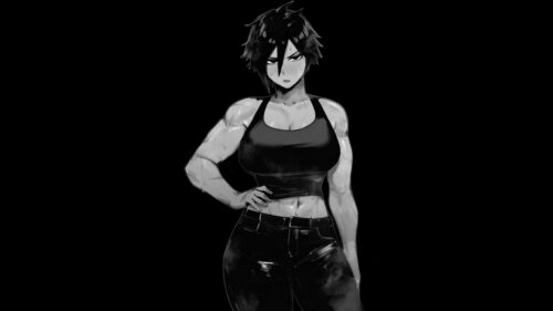 Strong Anime Girl Fitness Aesthetic Monochrome PC Wallpaper