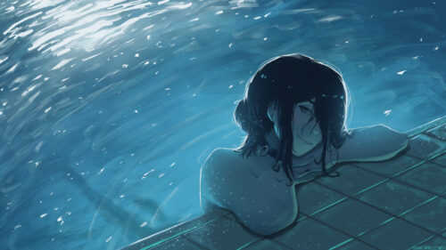 Anime Girl Relaxing in Swimming Pool at Night Aesthetic PC Wallpaper