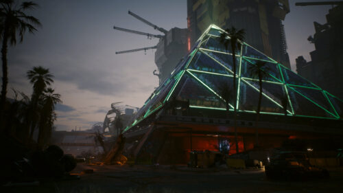 Cyberpunk Neon Pyramid Building Cityscape Desktop Wallpaper