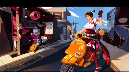 Kiriko Overwatch 2 Anime Girl on Yellow Scooter Desktop Wallpaper