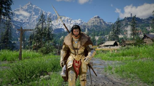 Epic Fantasy Knight in Golden Armor Standing Before Snowy Mountains 4K Wallpaper
