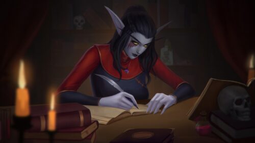 Night Elf Rogue Writing in Spellbook Fantasy Art 4K Wallpaper