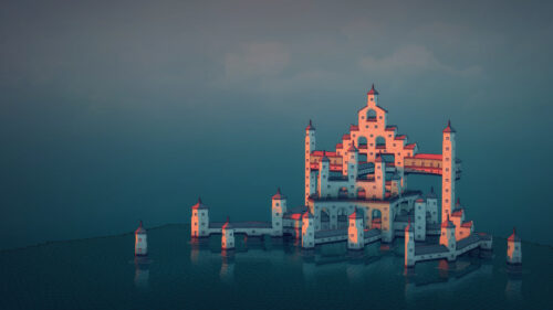 Minimalist Fantasy Castle Architecture Over Calm Water PC Wallpaper