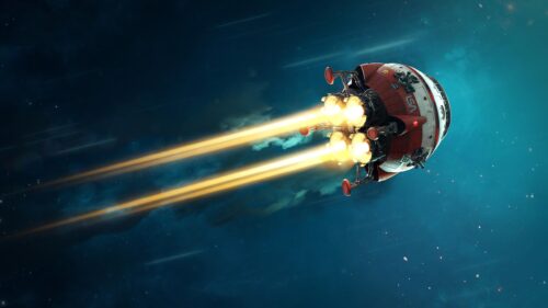 Futuristic Red Spaceship Flying Through Deep Space 4K Wallpaper