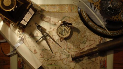 Vintage Navigation Tools on Antique World Map Desktop Wallpaper