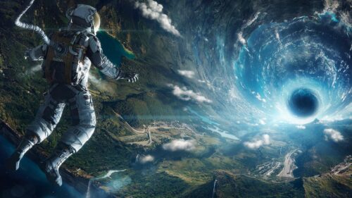 Astronaut Falling Into A Cosmic Black Hole Surreal Landscape PC Wallpaper