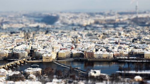 Stunning Snowy Prague Winter Cityscape Tilt Shift Desktop Wallpaper