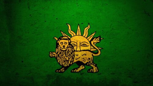 Ancient Shir-e Khorshid Lion and Sun Emblem Green Background PC Wallpaper