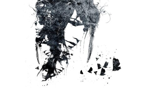Abstract Ink Sketch Portrait of a Woman with Butterflies Desktop Wallpaper