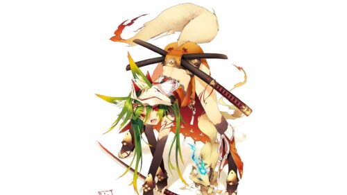 Anime Fox Girl Warrior with Kitsune Mask and Katana Desktop Wallpaper