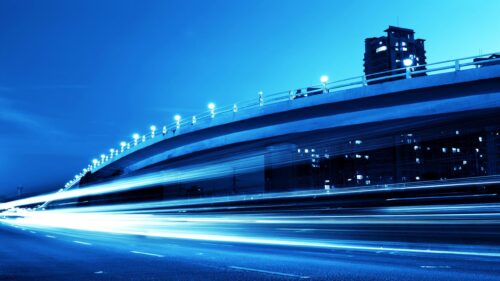 Night City Highway Long Exposure Blue Light Trails Desktop Wallpaper