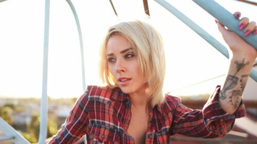 Stunning Blonde Woman in Plaid Shirt Sunset Aesthetic PC Wallpaper