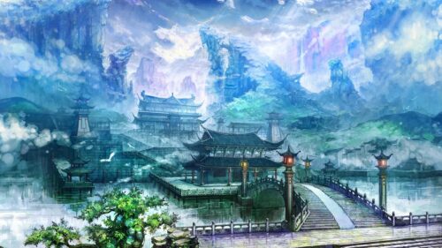 Ethereal Fantasy Asian Palace and Misty Mountains Landscape PC Wallpaper