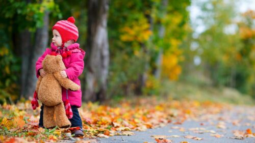Cute Baby Holding Teddy Bear in Autumn Forest PC Wallpaper