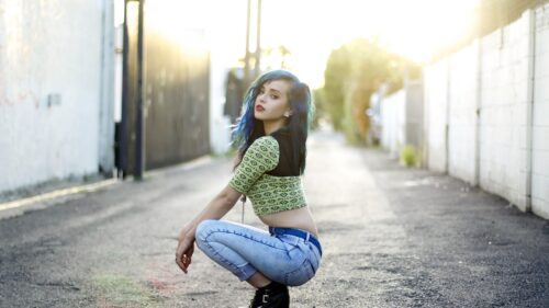 Stunning Portrait of a Girl with Blue Hair in an Urban Alleyway PC Wallpaper