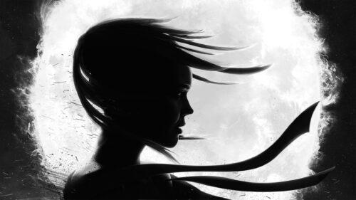 Stunning Black and White Silhouette of a Woman Against a Radiant Moon PC Wallpaper