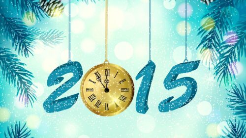 Festive New Year 2015 Golden Clock and Blue Snowflake Desktop Wallpaper