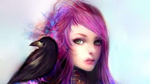 Stunning Anime Girl with Raven Digital Art 4K Desktop Wallpaper