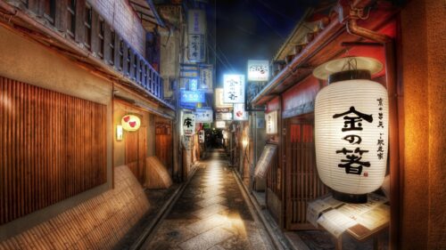 Mystical Japanese Alleyway at Night with Traditional Lanterns PC Wallpaper