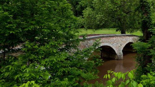Rustic Stone Arch Bridge Over River Surrounded by Lush Green Trees 4K Wallpaper