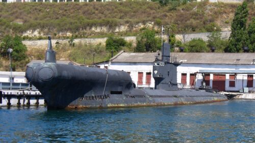 Military Foxtrot Class Submarine Docked at Port PC Wallpaper