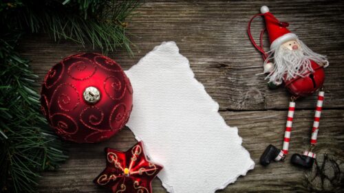 Rustic Christmas Background with Santa Ornament and Blank Paper PC Wallpaper