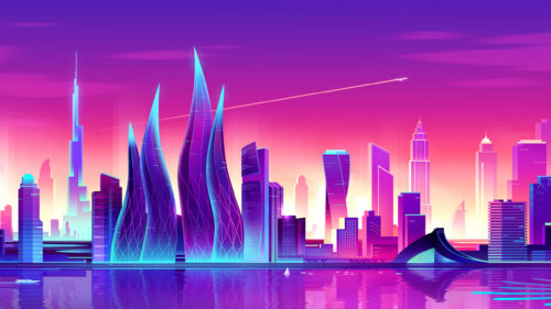 Futuristic Neon City Skyline Purple and Pink Sunset Desktop Wallpaper