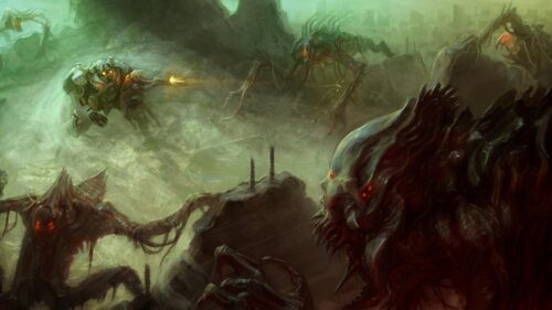 Futuristic Soldier Fighting Alien Monsters in Dark Foggy Wasteland 4K Wallpaper