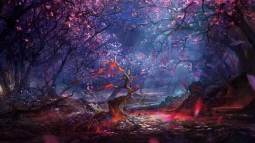 Ethereal Enchanted Forest with Pink Cherry Blossoms and Glowing Red Ribbon Tree 4K Wallpaper