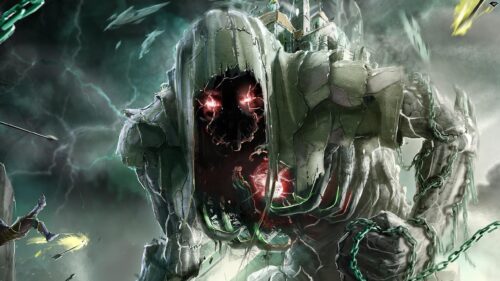 Eerie Necromancer Giant with Glowing Red Eyes Dark Fantasy PC Wallpaper